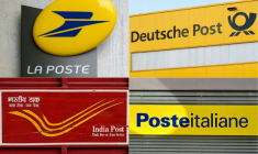 Montage photos du 6 septembre 2025 des logos du service postal français La Poste, de l'opérateur allemand Deutsche Post, de l'opérateur indien India Post et de l'opérateur italien Poste Italiane ( AFP / Martin LELIEVRE )