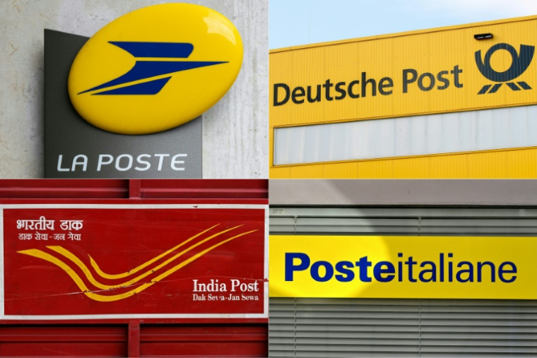 Montage photos du 6 septembre 2025 des logos du service postal français La Poste, de l'opérateur allemand Deutsche Post, de l'opérateur indien India Post et de l'opérateur italien Poste Italiane ( AFP / Martin LELIEVRE )