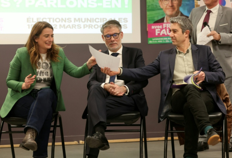 Marine Tondelier, Olivier Faure et François Ruffin à Amiens dans le cadre de la campagne des municipales le 9 mars 2026 ( AFP / Francois LO PRESTI )