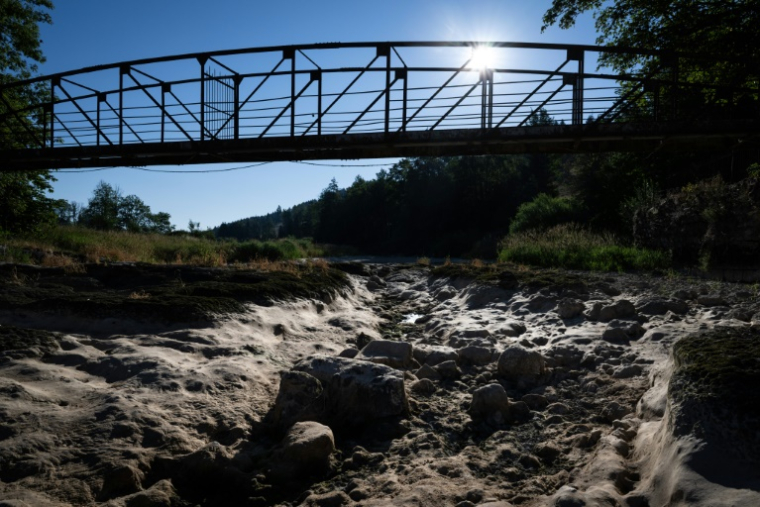 La rivière Doubs asséchée à Maisons-du-Bois-Lièvremont, le 9 juillet 2026 dans le Doubs  ( AFP / SEBASTIEN BOZON )