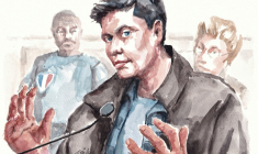 Ce croquis d'audience, réalisé le 17 mars 2026, montre le ressortissant chilien Nicolas Zepeda, accusé du meurtre en 2016 de son ex-petite amie japonaise, lors de son troisième procès devant le tribunal correctionnel de Lyon ( AFP / ZZIIGG )