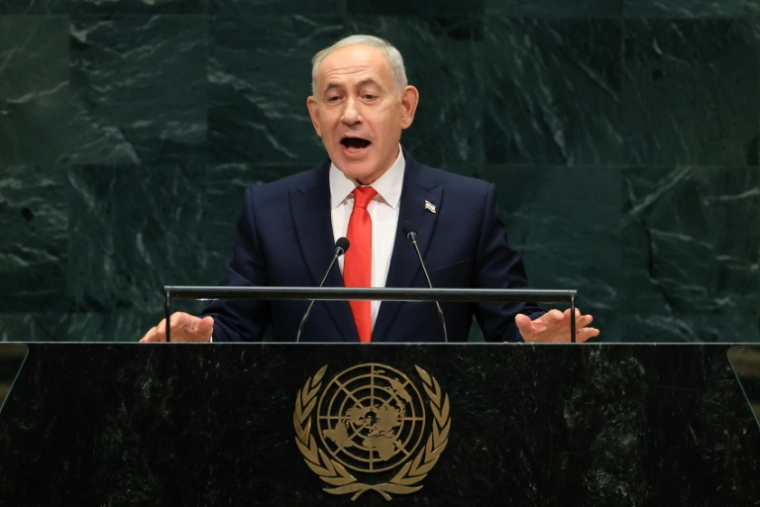 Le Premier ministre israélien Benjamin Netanyahu à la tribune de l'ONU, le 24 septembre 2026 à New York ( AFP / TIMOTHY A. CLARY )