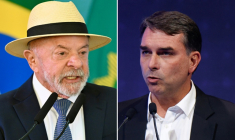 Montage photographique réalisé le 15 août 2026 du président brésilien de gauche Lula (G), le 22 juillet 2026 à Brasilia, et  de son rival de droite à la présidentielle, Flavio Bolsonaro, le 22 juin 2026 à Brasilia   ( AFP / Sergio Lima )