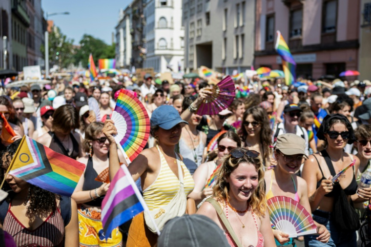 Des participants à la "La Marche des Fiertés LGBT+", le 20 juin 2026 à Strasbourg, dans le Bas-Rhin, lors d'un épisode de canicule en France ( AFP / ROMEO BOETZLE )