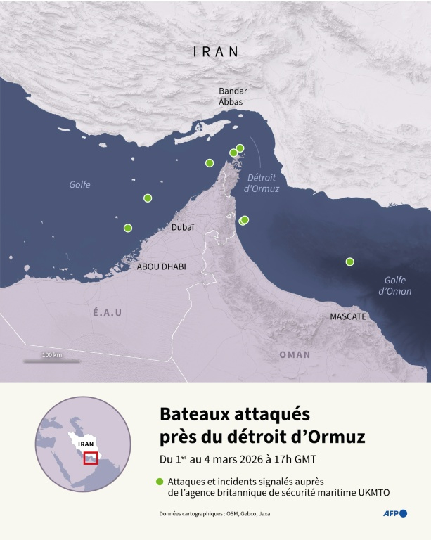 Carte du détroit d'Ormuz pointant les navires ayant signalé des attaques ou incidents à l'agence britannique de sécurité maritime UKMTO, du 1er au 4 mars 2026 à 17h GMT ( AFP / Sylvie HUSSON )