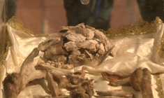 Restes de Saint François, exposés pour la première fois au public, dans la basilique Saint François à Assises, dans une capture vidéo de l'AFP du 21 février 2026  ( AFP / Giovanni GREZZI )
