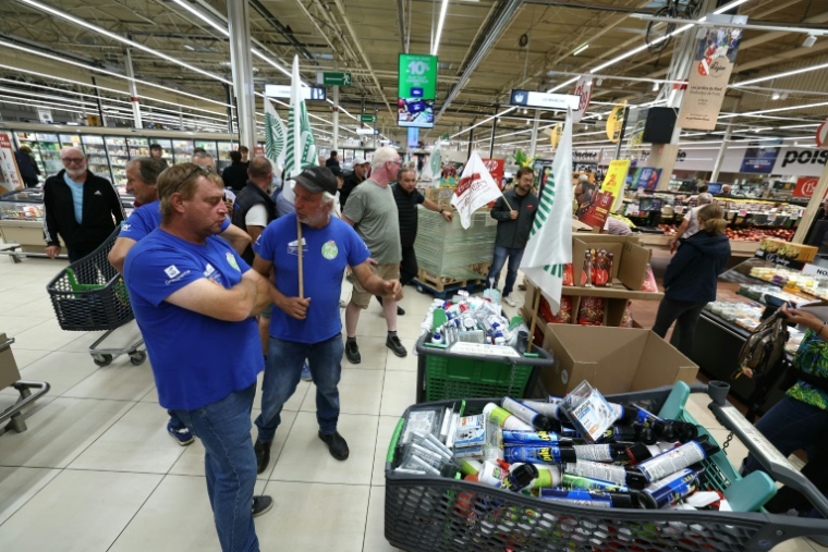 Des membres des syndicats agricoles FDSEA 72 et Jeunes Agriculteurs (JA), retirent des rayons des produits contenant de l'acétamipride, un pesticide néonicotinoïde, lors d'une opération de protestation dans un supermarché de Mundolsheim, le 20 août 2025 dans le Bas-Rhin ( AFP / Frederick FLORIN )