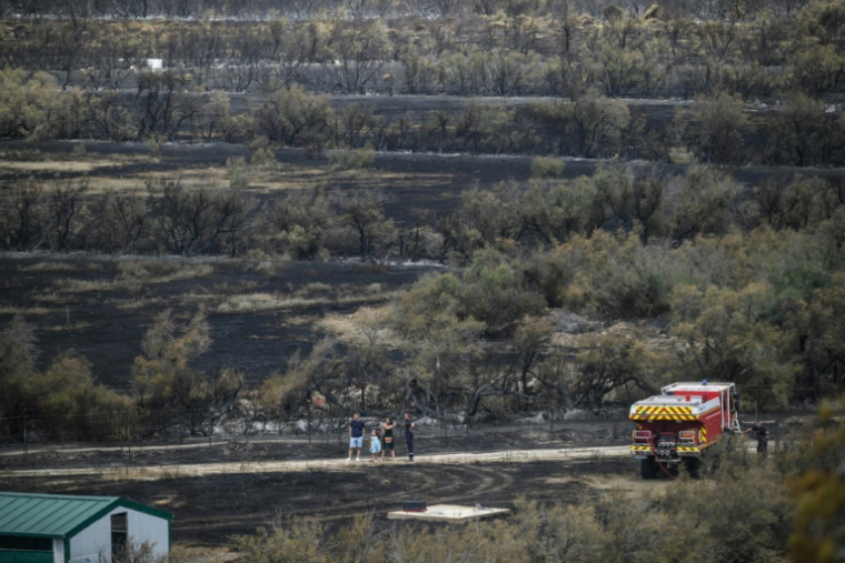 A Sigean dimanche 27 juillet, après l'incendie de la veille ( AFP / Ed JONES )