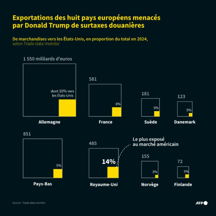 Exportations de marchandises vers les Etats-Unis des huits pays européens menacés par Donald Trump de surtaxes douanières en raison de leur opposition à une annexion américaine du Groenland, territoire autonome danois, en proportion du total de leurs exportations en 2024, d'après les données de Trade data monitor ( AFP / Luca MATTEUCCI )