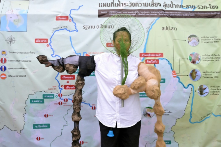 Un militant déguisé en "poisson mutant pris dans un filet de pêche" participe à une manifestation contre un empoisonnement présumé à l'arsenic de la rivière Kok en raison d'activités minières en Birmanie, dans la province de Chiang Rai, dans le nord de la Thaïlande, le 24 mai 2025 ( AFP / MANAN VATSYAYANA )