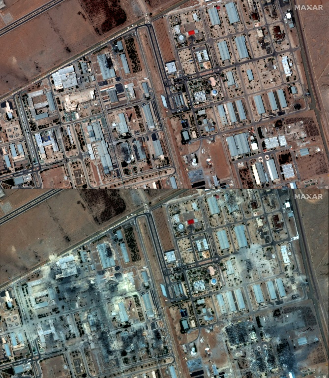 Un combo de photos créé le 22 juin 2025 à partir d'images satellites distribuées par Maxar Technologies, montre l'installation nucléaire d'Ispahan en Iran le 16 juin 2025 (en haut) et l'installation après les frappes américaines, le 22 juin 2025 ( Satellite image ©2025 Maxar Technologies / - )