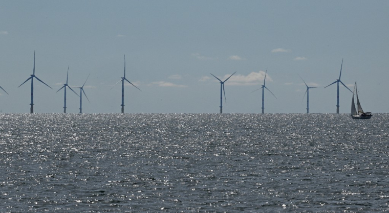 Jusqu'à présent, la plupart des éoliennes en mer sont arrimées aux fonds marins (illustration) ( AFP / DAMIEN MEYER )