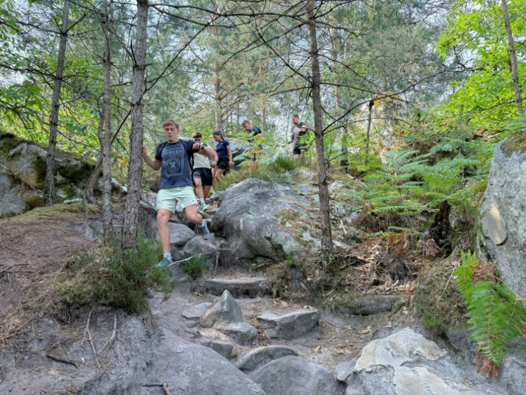 Des randonneurs sur le circuit des 25 bosses en forêt de Fontainebleau, près de Paris, le 6 août 2025 ( AFP / Laura SALABERT )