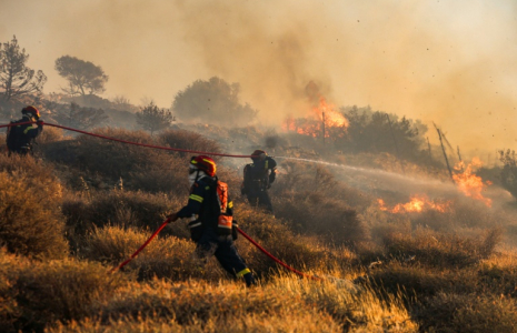 Des pompiers luttent contre le feu près de Ierapetra sur l'île grecque de Crète, le 3 juillet 2025 ( AFP / Costas Metaxakis )