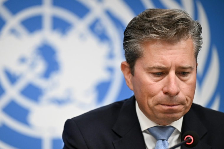 Le responsable de la coordination des affaires humanitaire des Nations unies, Tom Fletcher, lors d'une conférence de presse à Genève, le 22 août 2025 ( AFP / Fabrice COFFRINI )