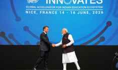 Le président Emmanuel Macron et le Premier ministre indien Narendra Modi lors du salon de l'innovation "Bharat Innovates" à Nice, le 14 juin 2026 dans les Alpes-Maritimes  ( POOL / Lewis JOLY )