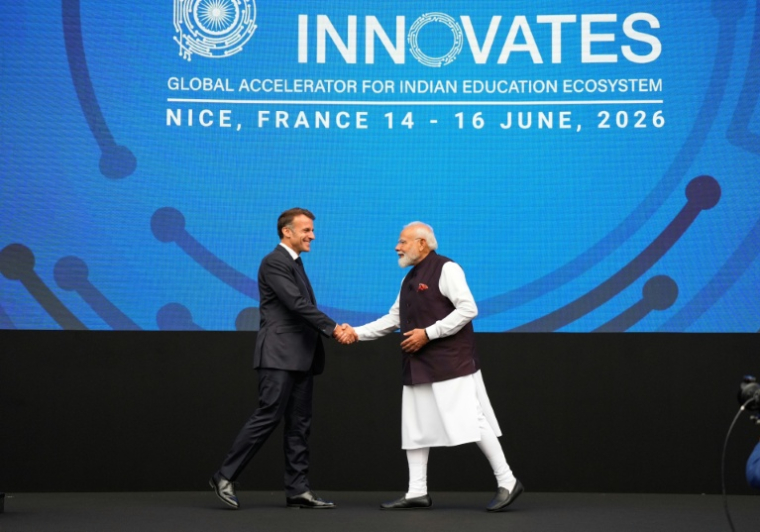 Le président Emmanuel Macron et le Premier ministre indien Narendra Modi lors du salon de l'innovation "Bharat Innovates" à Nice, le 14 juin 2026 dans les Alpes-Maritimes  ( POOL / Lewis JOLY )