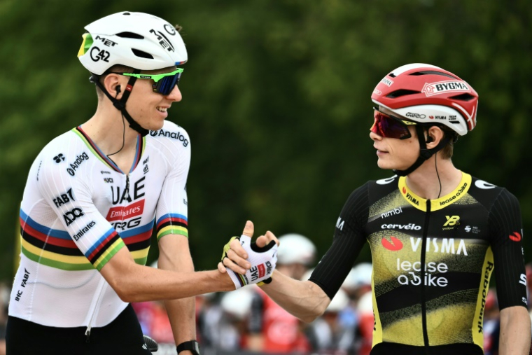 Tadej Pogacar (G) et Jonas Vingegaard, les deux principaux favoris du Tour de France, au départ de la première étape, le 5 juillet 2025 à Lille ( AFP / Marco BERTORELLO )