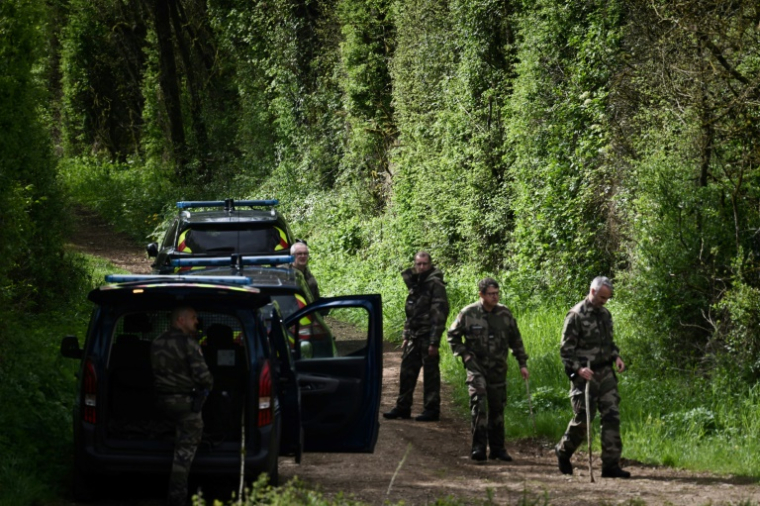 Des gendarmes lors des opérations de recherche visant à localiser Agathe Hilairet disparue à Vivonne, dans l'ouest de la France, le 13 avril 2025 ( AFP / Philippe LOPEZ )