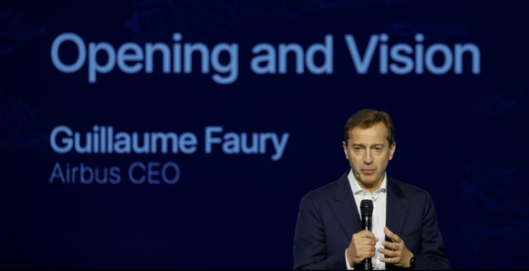 Le patron d'Airbus, Guillaume Faury, ouvre le Airbus Defence Summit à Manching, en Allemagne, le 20 mai 2026 ( AFP / Michaela STACHE )