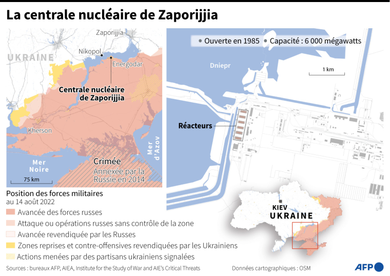 Carte montrant la centrale nucléaire de Zaporijjia en Ukraine ( AFP / )