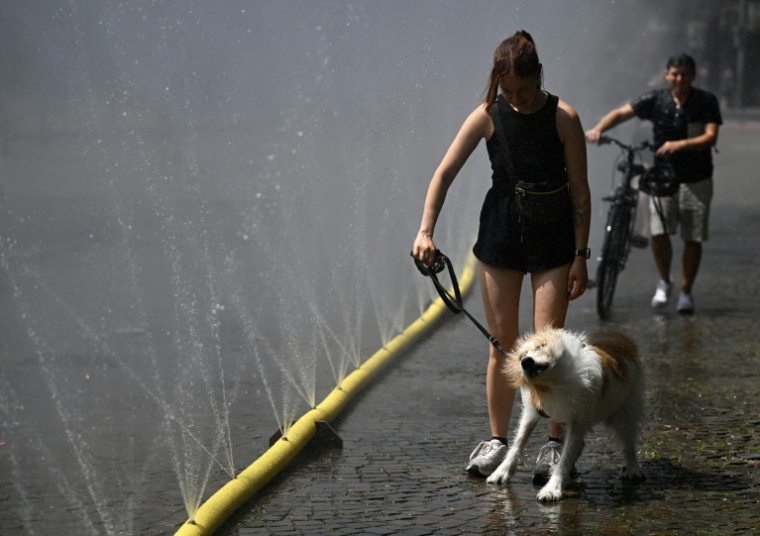 Une femme promène son chien devant des tuyaux d’arrosage déversant de l’eau pour apporter un peu de fraîcheur face à la chaleur estivale, dans le cadre des mesures d’adaptation climatique de Cologne, dans l’ouest de l’Allemagne, le 25 juin 2026 ( AFP / Ina FASSBENDER )