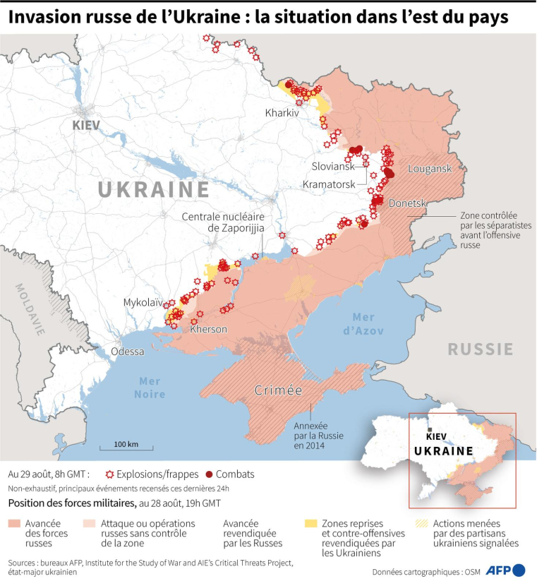 Carte de la situation en Ukraine au 29 août à 8h GMT ( AFP / )