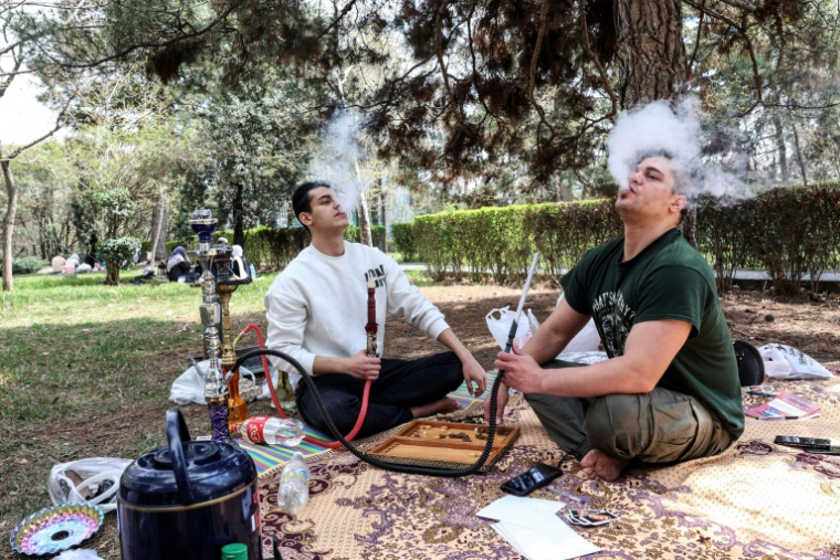 Des hommes fument la chicha, dans le parc Mellat de Téhéran, le 2 avril 2026 ( AFP / - )