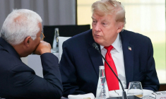 Le président américain Donald Trump avec à sa gauche le président du Conseil européen Antonio Costa lors du G7 à Evian en Haute-Savoie le 16 juin 2026 ( POOL / Christian Hartmann )