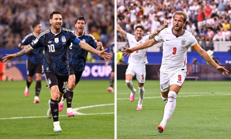 Photomontage des stars de l'Argentine Lionel Messi et de l'Angleterre Harry Kane, futurs adversaires mercredi 15 juillet en demi-finale du Mondial ( AFP / Paul ELLIS )