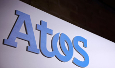 Le logo d'Atos lors d'une conférence de presse à Paris
