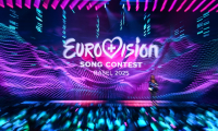 Le logo de l'Eurovision à la St. Jakobshalle de Bâle, le 14 mai 2025 en Suisse ( AFP / Fabrice COFFRINI )