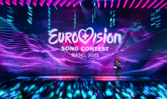 Le logo de l'Eurovision à la St. Jakobshalle de Bâle, le 14 mai 2025 en Suisse ( AFP / Fabrice COFFRINI )