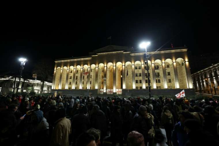 Manifestants géorgiens antigouvernementaux rassemblés devant le parlement, dans la capitale Tbilissi, le 2 février 2025 ( AFP / Giorgi ARJEVANIDZE )