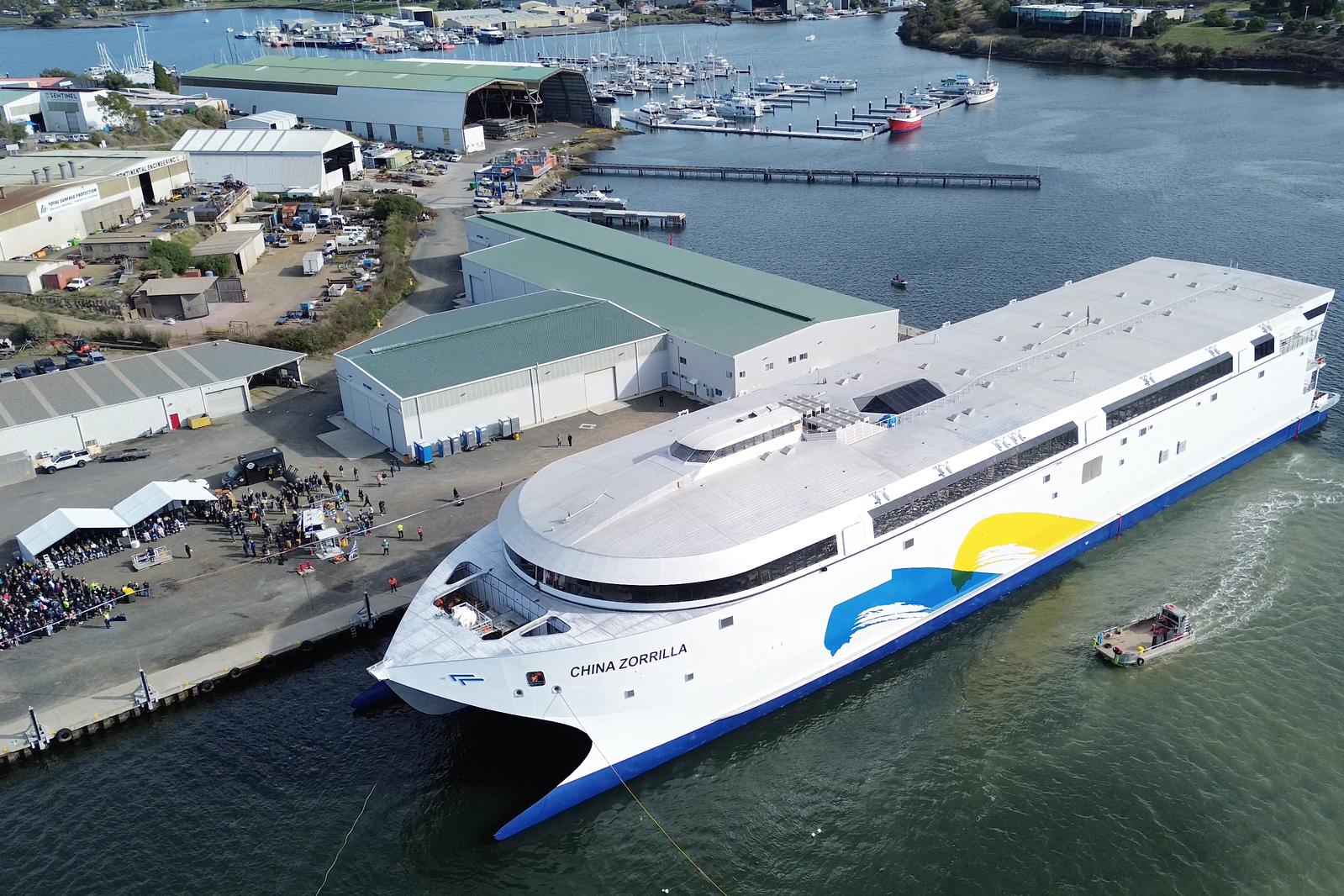 Le navire Hull 096 à Hobart, en Australie, le 2 mai 2025. ( Incat Tasmania / Handout )