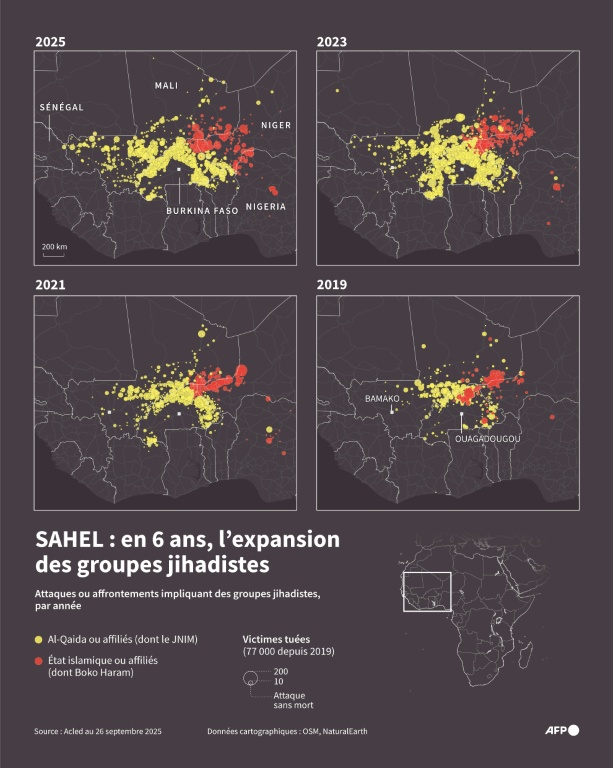 Cartes du Sahel en 2019, 2021, 2023 et 2025 localisant les affrontements impliquant des groupes djihadistes (Al-Qaida, l'Etat islamique ou leurs affiliés) et indiquant leur nombre de victimes ( AFP / Valentin RAKOVSKY )