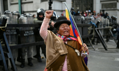 Une femme indigène face à un contingent de policiers lors d'une manifestation contre le gouvernement bolivien, à La Paz, le 27 mai 2026 ( AFP / Marvin RECINOS )
