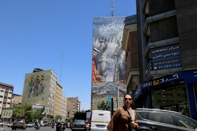 Une femme marche dans une rue près d'une immense fresque sur un immeuble faisant référence au "détroit d’Ormuz", dans la capitale Téhéran, le 9 mai 2026 ( AFP / ATTA KENARE )